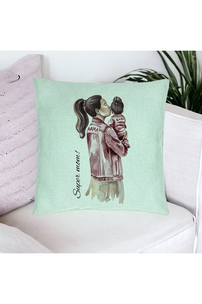 BEKZ Perna Decorativa, Model Super Mom &amp; Babe, 40x40 cm, Verde Menta, Husa Detasabila, Burduf