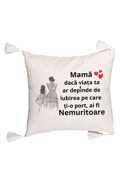 BEKZ Fringed Pillowcase, Pattern for Mom 3, 45x45 cm, Ecru, With zipper