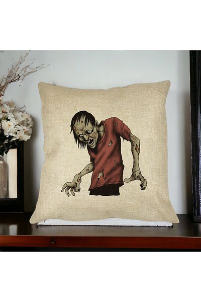 BEKZ Perna Decorativa cu motiv Zombie de Halloween 1, 40x40 cm, Husa Detasabila, Burduf