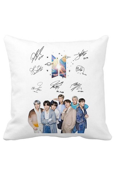 BEKZ BTS Army Decorative Pillow with Signature Jackets, 40x40 cm, White, Matte, Removable Cover, Bellows