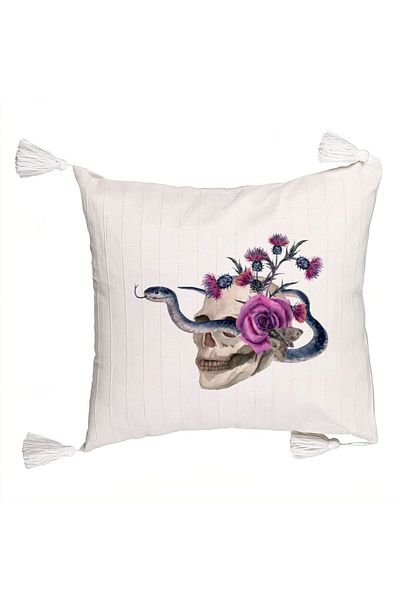 BEKZ Decorative Pillow with Fringes with Halloween Skull and Snake Motif, 45x45 cm, Ecru, With Zipper