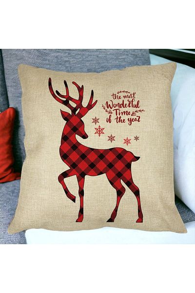 BEKZ Perna Decorativa de Craciun cu Ren si Text 2, 40x40 cm, Husa Detasabila, Burduf
