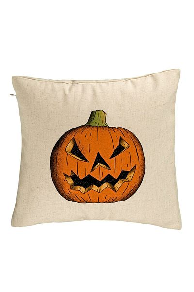BEKZ Perna Decorativa cu motiv Dovleac de Halloween 2, 40x40 cm, Bej, Husa Detasabila, Burduf