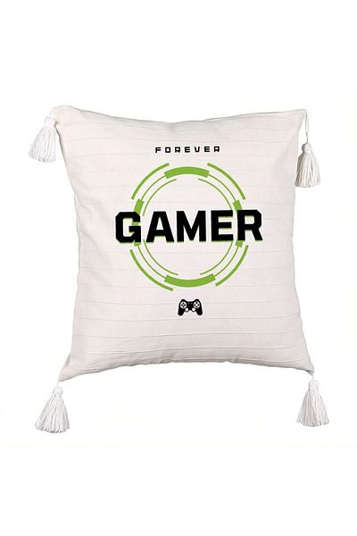 BEKZ Fringed Pillowcase, Forever Gamer Model, 45x45 cm, Ecru, With zipper