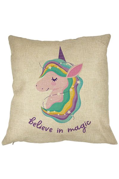 BEKZ Perna Decorativa Patrata Unicorns Believe in Magic, 40x40 cm, Husa Detasabila, Burduf