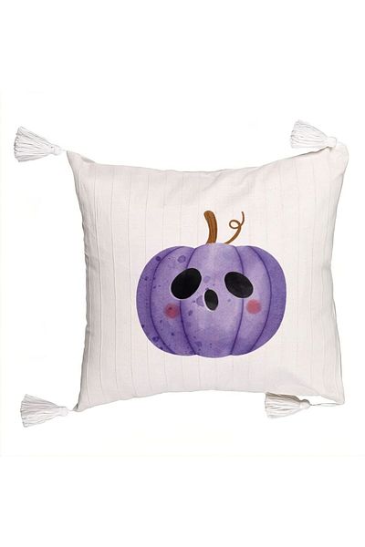 BEKZ Fringed Pillowcase with Halloween Motif 10, 45x45 cm, Ecru, With Zipper