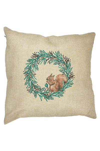 BEKZ Perna Decorativa Coronita de Craciun si Veverita, 40x40 cm, Husa Detasabila, Burduf