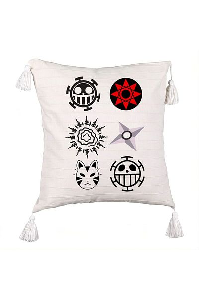 BEKZ Decorative Pillow with Fringes with Naruto symbols, 45x45 cm, Ecru, With zipper