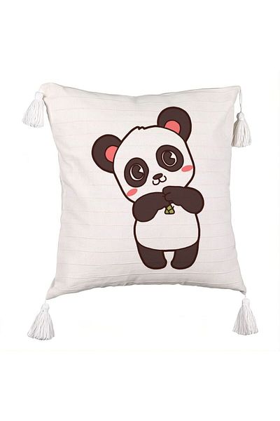 BEKZ Fringed Pillowcase, Panda Bear Pattern, 45x45 cm, Ecru, With Zipper