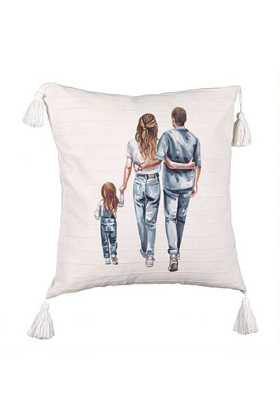 BEKZ Fringed Pillowcase, Family in Blue Model, 45x45 cm, Ecru, With zipper