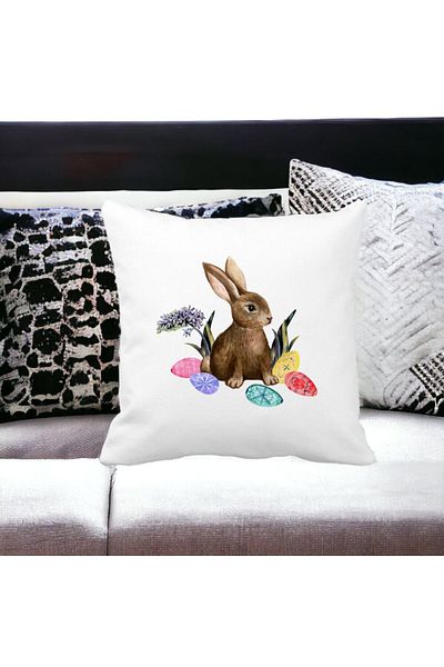 BEKZ Perna Decorativa Patrata Iepurasul de Paste, 40x40 cm, Alba, Mata, Husa Detasabila, Burduf