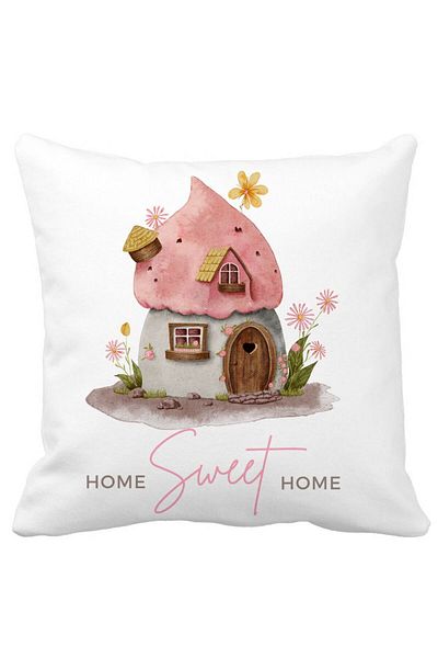 BEKZ Decorative Pillow, Home Sweet Home, 40x40 cm, White, Matte, Removable Cover, Bellows