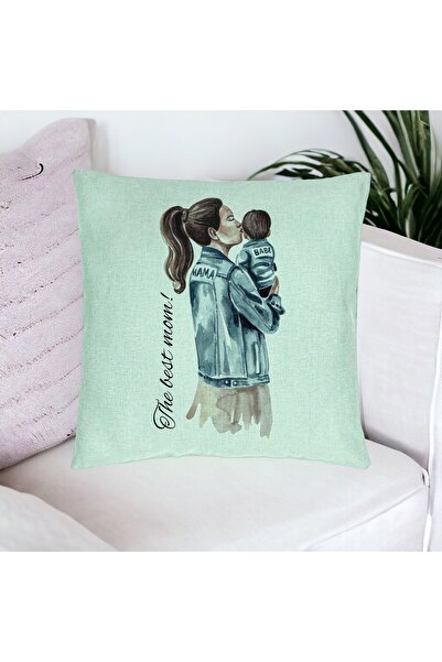 BEKZ Perna Decorativa, Model The Best Mom 40x40 cm, Verde Menta, Husa Detasab...