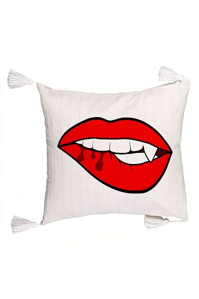 BEKZ Fringed Pillowcase, Female Lips and Vampire Tooth Pattern, 45x45 cm, Ecru, With Zipper