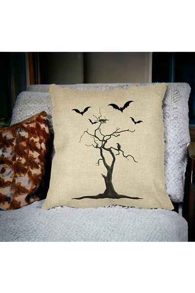BEKZ Perna Decorativa cu motiv de Halloween 3, 40x40 cm, Husa Detasabila, Burduf