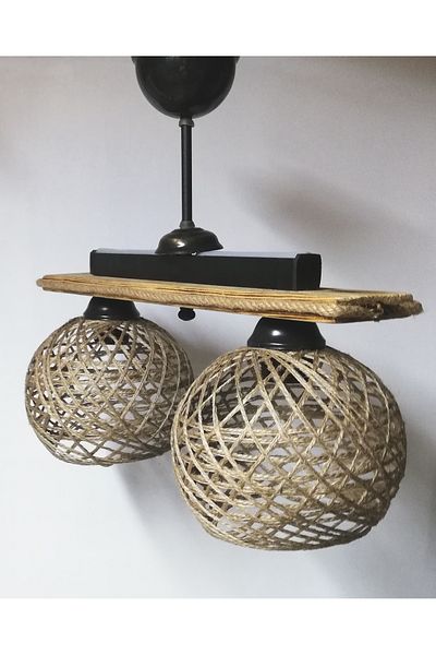 TEKAY AYDINLATMA Set of 2 Rustic Wooden Chandeliers with Jute Rope Braided Heads