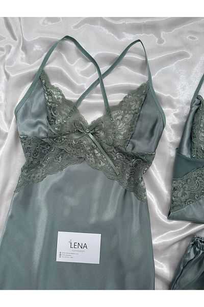 Lena Homewears Set de 5 piese pentru femei, cămașă de noapte din satin, sutien, pantaloni scurți