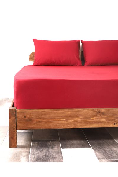 Lio20 Fitted Cotton Fabric Bed Sheet and Pillow Case Set-Elastic-Fade Resistant-Burgundy