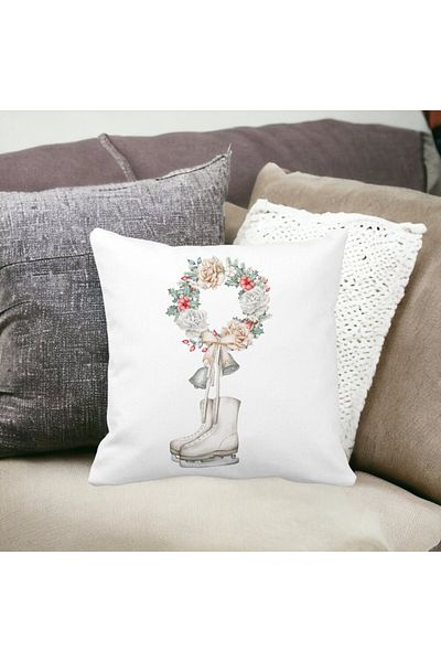 BEKZ Christmas Pillowcase, Ice Skates And Wreath, 40x40 Cm, White, Matte, Burdu