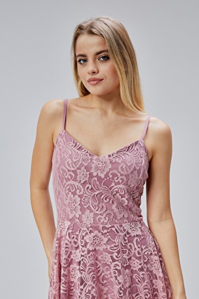 HELVEYS Kadın Uzun Dantelli V Yaka Fermuarlı Sırt detaylı Ayarlanılabilir Omuz Askılı Uzun Elbise HV06063133