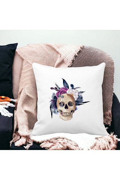 BEKZ Pillowcase With Halloween Skull And Flowers Motif, 40x40 Cm, White, Matte, Burdu