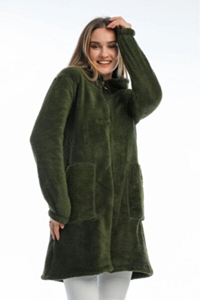 MODA UGS Kadın Siyah Uzun Fermuarlı Peluş Hırka welsoft