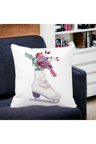 BEKZ Christmas Decorative Pillow, Ice Skates and Colored Bird, 40x40 cm, White, Matte, Removable Cover, B
