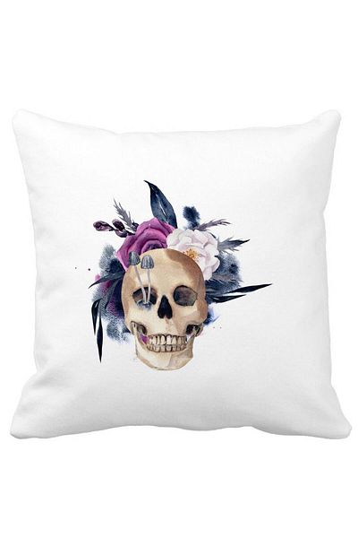 BEKZ Pillowcase With Halloween Skull And Flowers Motif, 40x40 Cm, White, Matte, Burdu