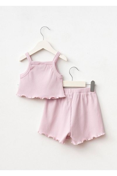 Magu Girl's Cotton Pink Starfish Embroidered Crop Shorts Set - Rib Fabric