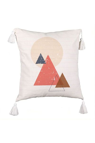 BEKZ Fringed Pillowcase, Abstract Geometric Shapes 4 Pattern, Multicolor, 45x45 cm, Ecru, Iron-on