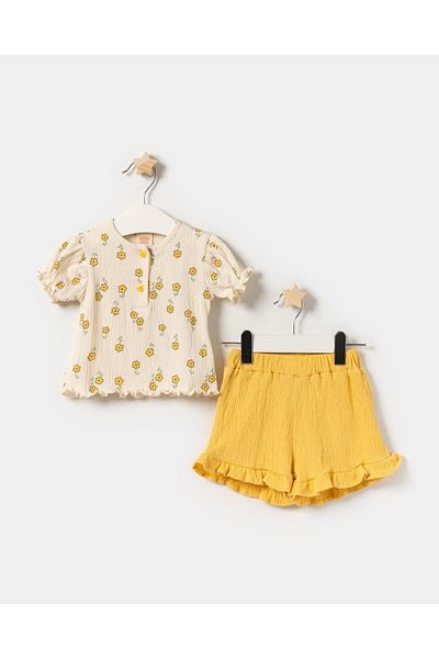 Magu Baby Girls Cotton Floral Print Blouse Ruffle Shorts Set - Summer 2-Piece Set