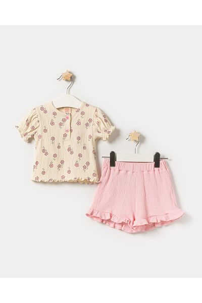 Magu Baby Girls Cotton Floral Print Blouse Ruffle Shorts Set - Summer 2-Piece Set