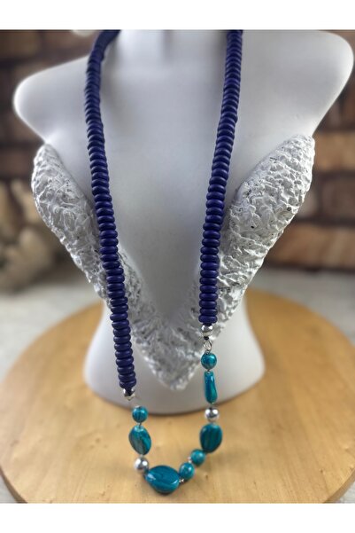 SEDEF TAKI Ahşap el boyaması taşlı uzun kolye