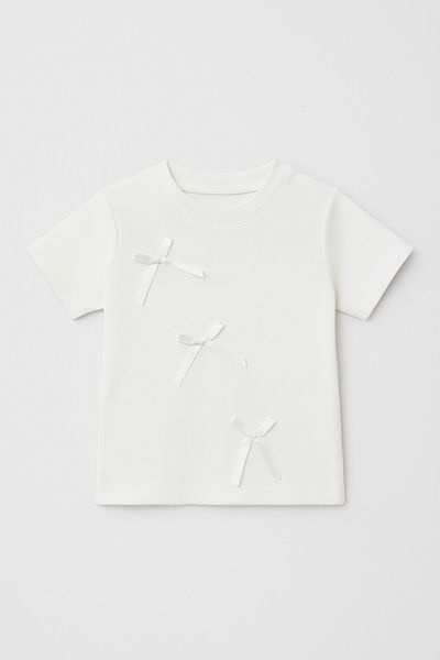 Magu Girls' Cotton White Satin Bow T-Shirt - Ribbed Texture