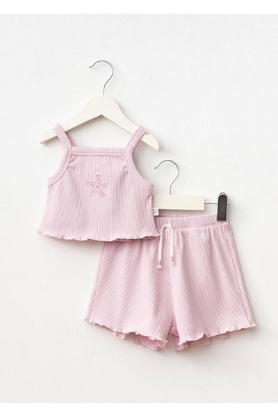 Magu Girl's Cotton Pink Starfish Embroidered Crop Shorts Set - Rib Fabric