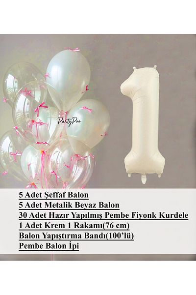 PartyPoo Pink Bow Transparent White Balloon Set + Cream Number Foil Balloon – 11-Piece Birthday Party Ornament