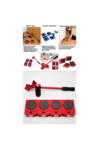 OEM ZUBI furniture lifting and transporting set, 4 pieces with wheels, one lever with wheels, max 150kg, red