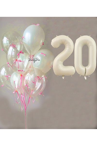 PartyPoo Pink Bow Transparent White Balloon Set + Cream Number Foil Balloon – 11-Piece Birthday Party Ornament