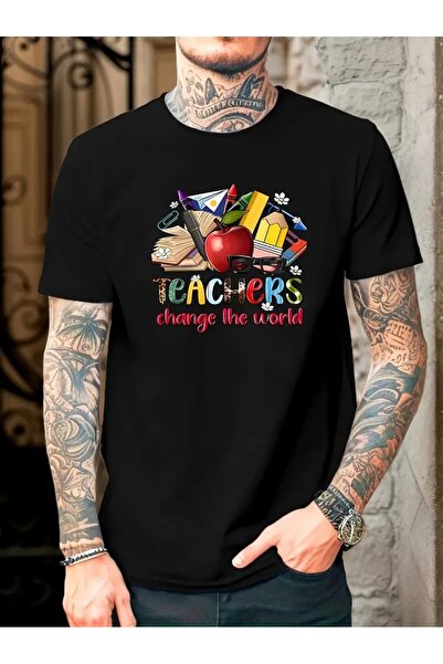 PERISENSE تي شيرت أسود للجنسين للنساء/الرجال مطبوع عليه رقبة دائرية وأكمام قص...