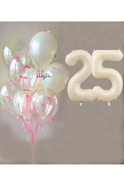 PartyPoo Pink Bow Transparent White Balloon Set + Cream Number Foil Balloon – 11-Piece Birthday Party Ornament