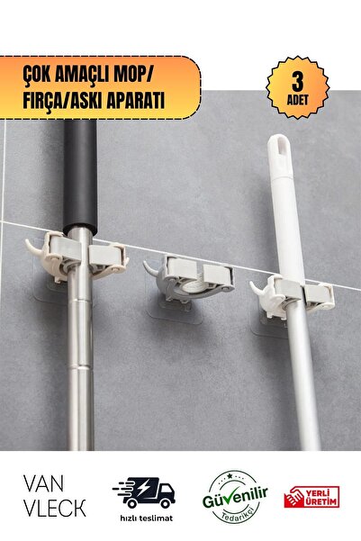 VAN VLECK 3'lü Sihirli Mop ve Fırça Sapı Tutucu – Duvara Monte Pratik Askı Aparatı