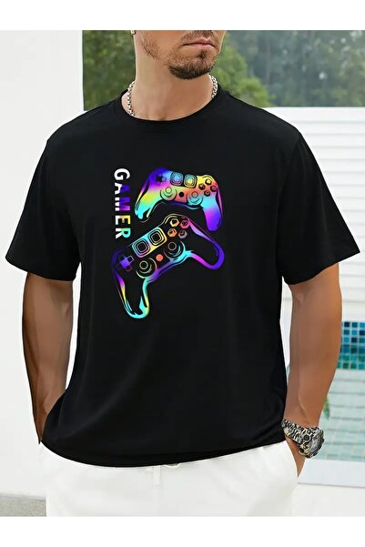 PERISENSE تي شيرت أسود للجنسين للنساء/الرجال مطبوع عليه رقبة دائرية وأكمام قص...