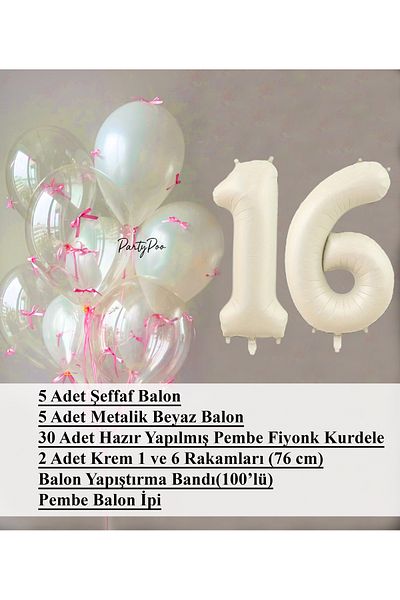 PartyPoo Pink Bow Transparent White Balloon Set + Cream Number Foil Balloon – 11-Piece Birthday Party Ornament