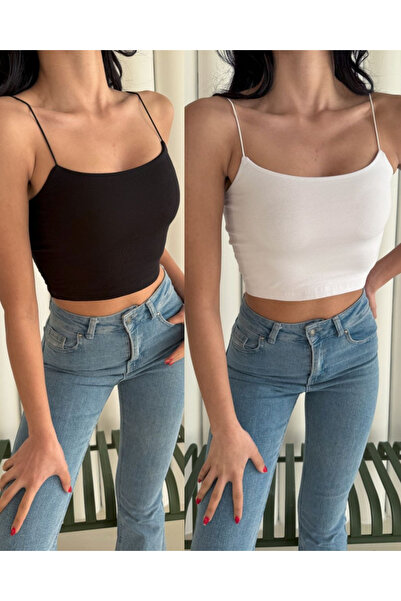 landoffashiontr Kadın İp Askılı Crop Büstiyer Bluz Göğüs Kısmı Çift Katlı Siy...