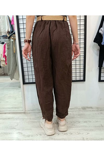 Butik Şans Italian Linen Trousers with Floral Figure Embroidery Detail, Belt and Pockets
