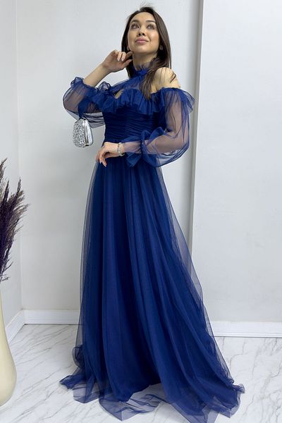 thezkscom Navy Blue Tulle Draped Plus Size Evening Dress