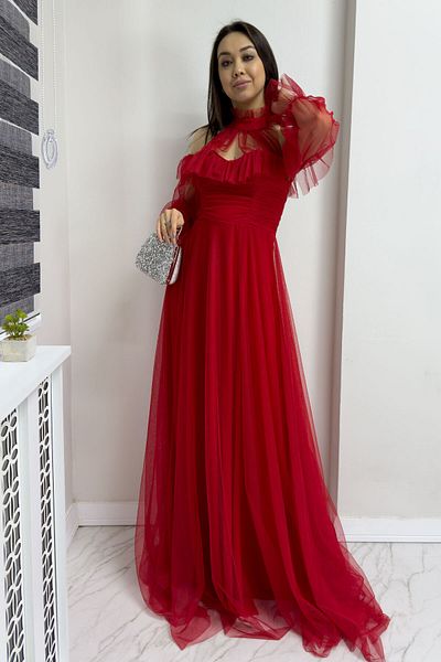 thezkscom Red Tulle Draped Plus Size Evening Dress