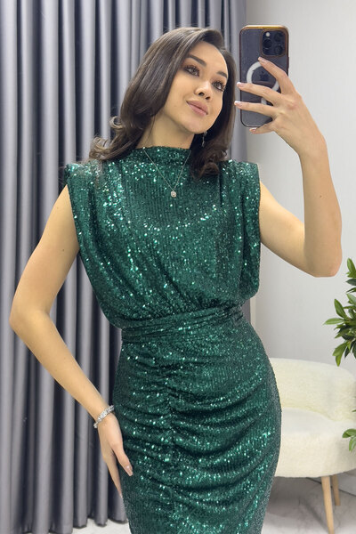 thezkscom Women's Stand Collar Sash Detail Slit Sequin Evening Dress Navy Blue, Black, Burgundy, Silver, Emerald