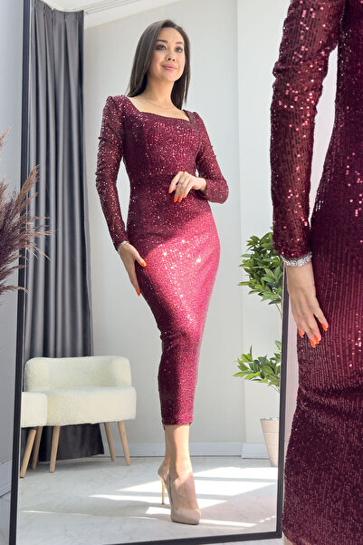 thezkscom Women's Square Neck Sequin Evening Dress Navy Blue, Burgundy, Emerald Green, Red, Beige, Black