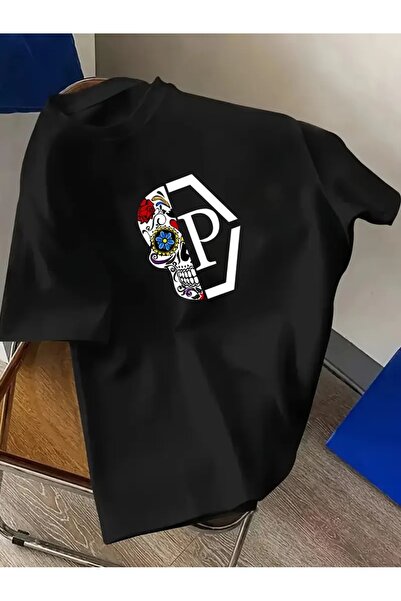 PERISENSE تي شيرت أسود للجنسين للنساء/الرجال مطبوع عليه رقبة دائرية وأكمام قص...